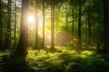 Obraz premium Sunlight shining through trees in lush green forest, nature background