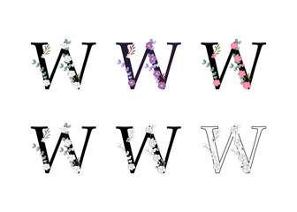 Vector collection of the letters W adorned with floral designs.