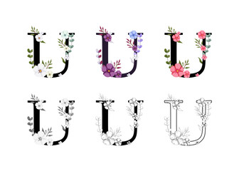Vector collection of the letters U adorned with floral designs.