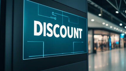 A sleek digital screen displaying DISCOUNT in bold white letters, plenty of space for copy below, high-tech shopping mall background, soft ambient lighting