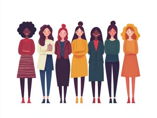 Obraz premium Illustration of a diverse group of women standing together, showcasing friendship and unity with vibrant outfits and confident poses.