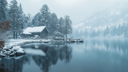 Fototapeta premium Cabin by a lake in a winter landscape
