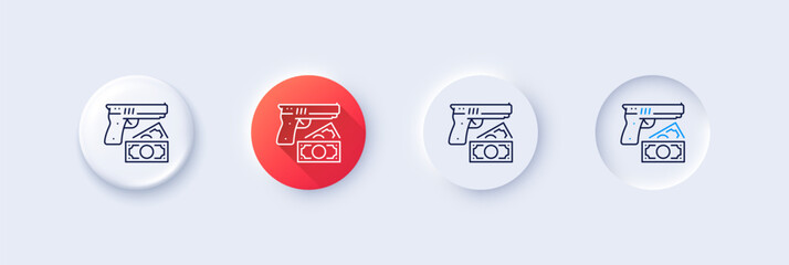 Robbery line icon. Neumorphic, Red gradient, 3d pin buttons. Money fraud crime sign. Thief with gun steal cash symbol. Line icons. Neumorphic buttons with outline signs. Vector