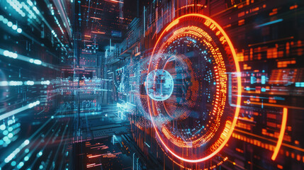 Fototapeta premium Budget planning using quantum computing, financial data swirling through virtual reality screens and interconnected AI systems