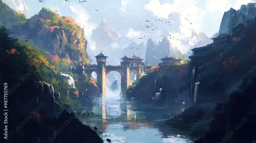 Poster A Serene Bridge Through Misty Mountain Valleys