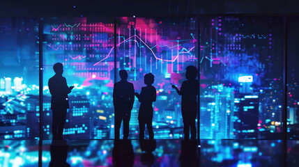 Obraz premium Businesspeople analyzing a financial report projected on a giant floating digital sheet in space