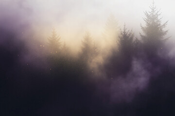 Obraz premium Abstract blurry foggy background with pine trees and clouds. 