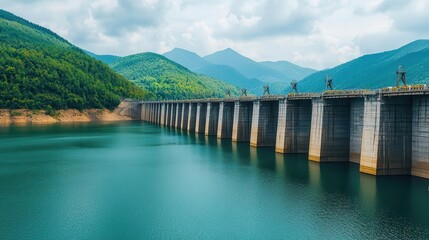 Massive river dam with powerful water turbines generating eco-friendly electricity, modern hydropower solution
