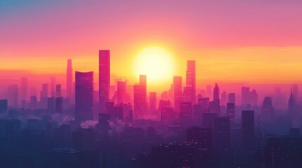 Fototapeta premium A Cityscape Silhouetted Against a Vibrant Sunset Sky