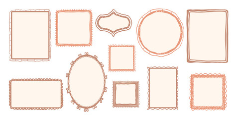 Collection of various hand-drawn decorative frames in different shapes and sizes, ideal for design projects, invitations, and scrapbooking. Vector illustration