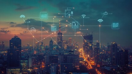Fototapeta premium Smart City Network with Interconnected Devices and Buildings at Dusk
