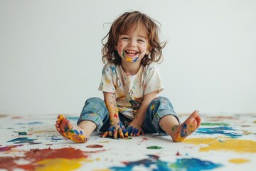 Happy child covered in paint smiling while playing