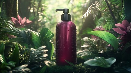 Organic Shampoo Bottle in Tropical Jungle with Green Leaves and Flowers