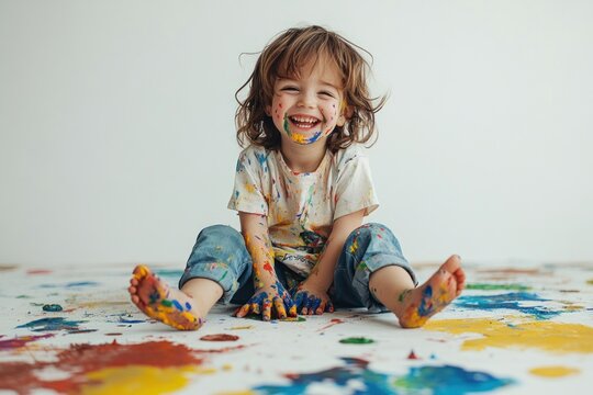 Happy child covered in paint smiling while playing