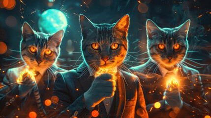 Cats in suits shaking paws on glowing affiliate marketing deals, setting up futuristic partnerships