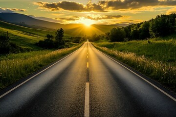 Open road at sunset with mountains and green fields in the distance. Concept of adventure, travel, freedom, and new beginnings.