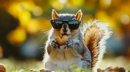 Cool squirrel wearing sunglasses eating a peanut. © Elnare
