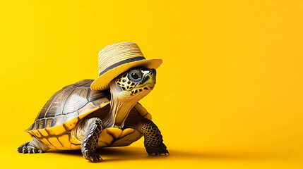 A turtle wearing a straw hat, looking stylish and relaxed.