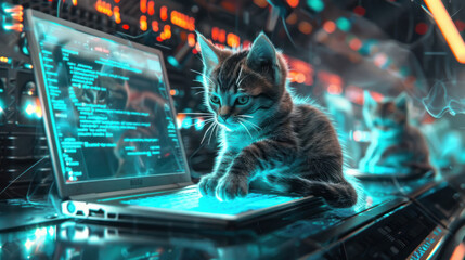 Cats navigating glowing marketing funnels, where each step of the journey lights up with new leads
