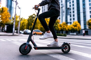 A person riding a scooter down a city street, showing an alternative and efficient mode of urban transportation