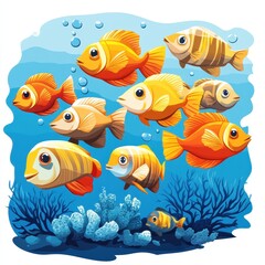 Fototapeta premium Vibrant underwater scene featuring colorful fish swimming among coral reefs, perfect for marine life and aquatic themes, white background