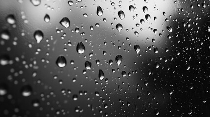 Fototapeta premium Water droplets on a dark background, raindrops and trickles of rain close up on window glass in heavy rain.