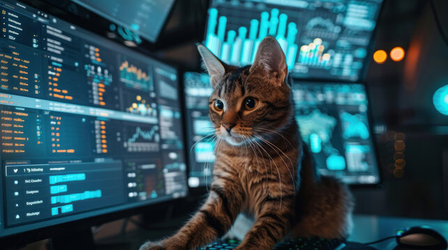 Cats using glowing AI dashboards, creating personalized marketing messages in real-time