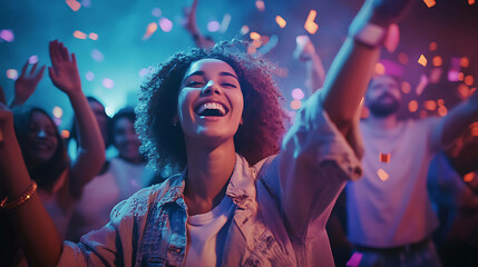 Fototapeta premium A young woman with curly hair dances and smiles at a party.