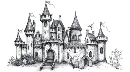 Obraz premium Black and white pen and ink drawing of a medieval castle.