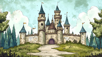 Obraz premium A whimsical cartoon illustration of a fairytale castle with multiple towers, surrounded by trees and a winding path.