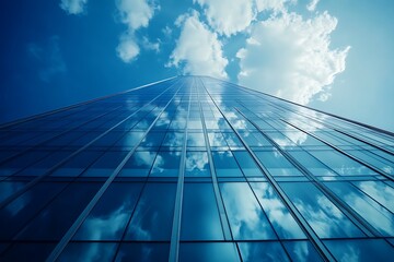 Modern Glass Skyscraper Building Reflecting Clouds in the Sky