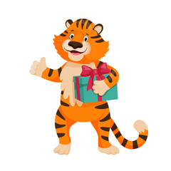 Tiger holding a gift box with a red ribbon.