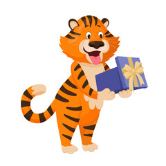 Cute tiger holding a gift box with a golden bow