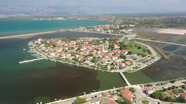 Drone Footage of Nin Islet with Bridges, Ždrijac, and Saltworks