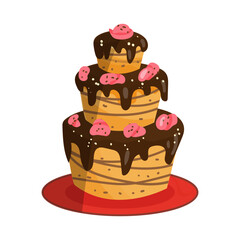 Three-tiered chocolate cake with strawberry decorations