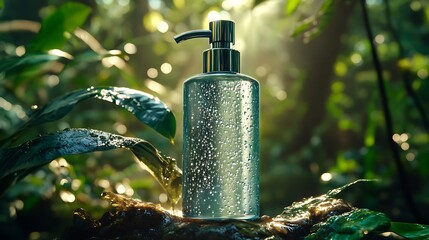 Clear Glass Pump Bottle with Liquid in Lush Forest Setting