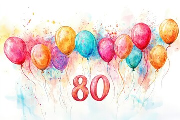 Watercolor 80th birthday clip art with balloons and the number 80