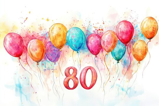 Watercolor 80th birthday clip art with balloons and the number 80