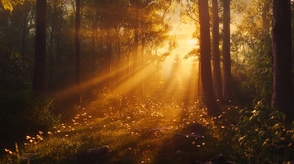 Naklejka premium A serene pine forest with sunlight streaming through, creating a tranquil, A golden dawn illuminates a misty forest.
