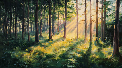Fototapeta premium A serene pine forest with sunlight streaming through, creating a tranquil, A golden dawn illuminates a misty forest.