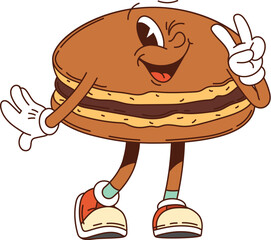 Cartoon groovy Japanese dorayaki dessert character showing peace sign and winking an eye. Isolated vector funny and cheerful pastry kids menu personage. Playful and happy Japan treat with hippie vibe
