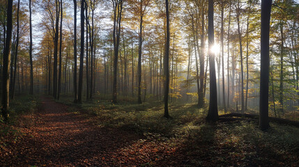 Fototapeta premium Golden sunlight illuminates a misty forest path, A serene forest scene at sunrise with tall trees and lush greenery.