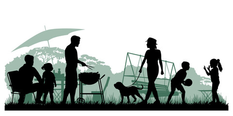 Family silhouettes. Father, mother and children had a picnic in nature. Vector illustration