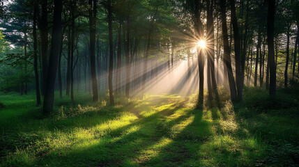 Obraz premium Autumn Path in a Birch Forest, A tranquil forest path surrounded by vibrant autumn foliage in a sunlit grove during early morning hours.