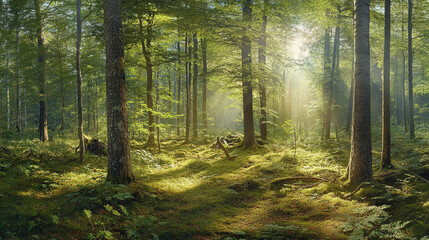 Fototapeta premium Autumn Path in a Birch Forest, A tranquil forest path surrounded by vibrant autumn foliage in a sunlit grove during early morning hours.