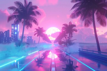 Fototapeta premium cyberpunk inspired creative illustration, clean vaporwave themed background 