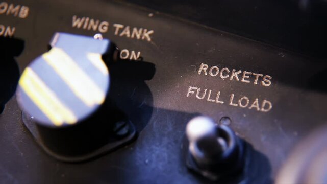 Vintage Controls for Rocket Launch and Wing Tank in an Antique Bomber - Close Up - 4K