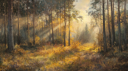 Obraz premium Autumn Path in a Birch Forest, A tranquil forest path surrounded by vibrant autumn foliage in a sunlit grove during early morning hours.