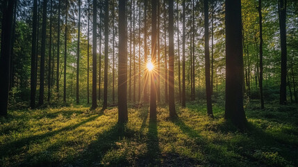 Fototapeta premium Sun shining through trees in forest, A serene sunlit forest with tall, green trees and lush undergrowth, bathed in the soothing light of a sunrise,