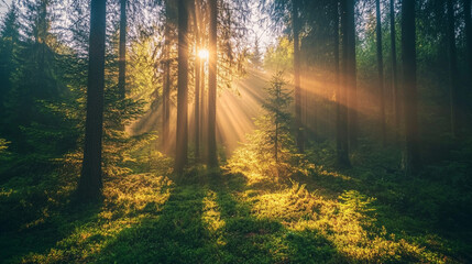Obraz premium Sun shining through trees in forest, A serene sunlit forest with tall, green trees and lush undergrowth, bathed in the soothing light of a sunrise,